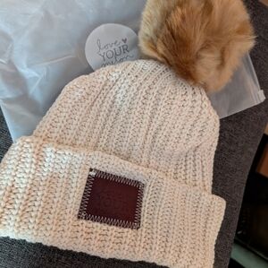 Love Your Melon Cream Knit Hat with Brown Pom